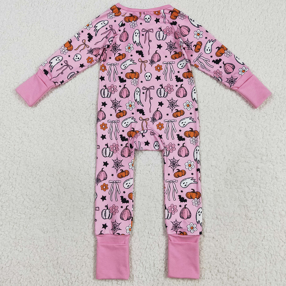Baby Girls Pink Ghost Pumpkins Halloween Zipper Footie Rompers LR2405 8.5