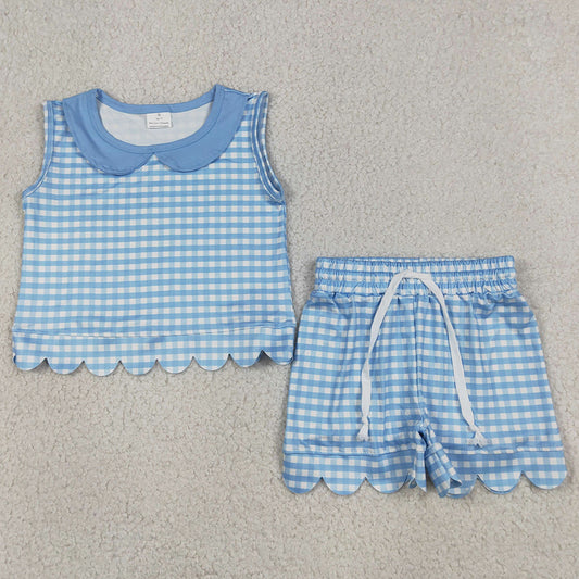 Baby Girls Clothes Sleeveless Blue Checked Collar Tops Shorts Scallop Clothes Sets GSSO3397