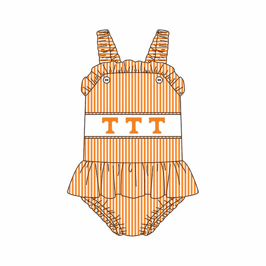 Preorder (moq 5)Baby Girls Strap Orange Stripe T Tunic Bummies Team Rompers 12.29