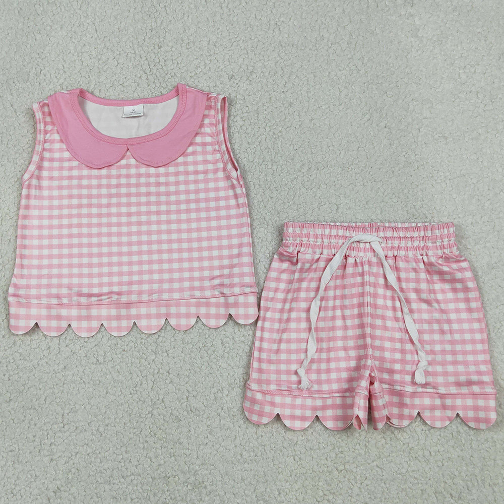 Baby Girls Clothes Sleeveless Pink Checked Collar Top Shorts Scallop Clothes Sets GSSO3394