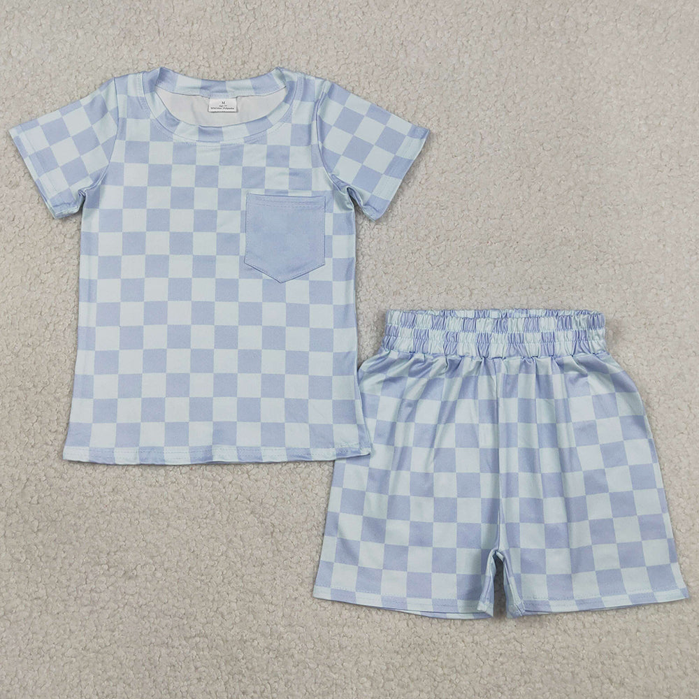Baby Boys Clothes Blue Checked Pocket Top Shorts Pajamas Clothes Sets BSSO1753