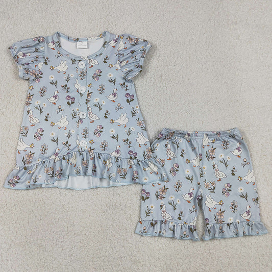 Baby Girls Clothes Flowers Gooses Button Tunic Ruffle Short Clothes Sets GSSO3433