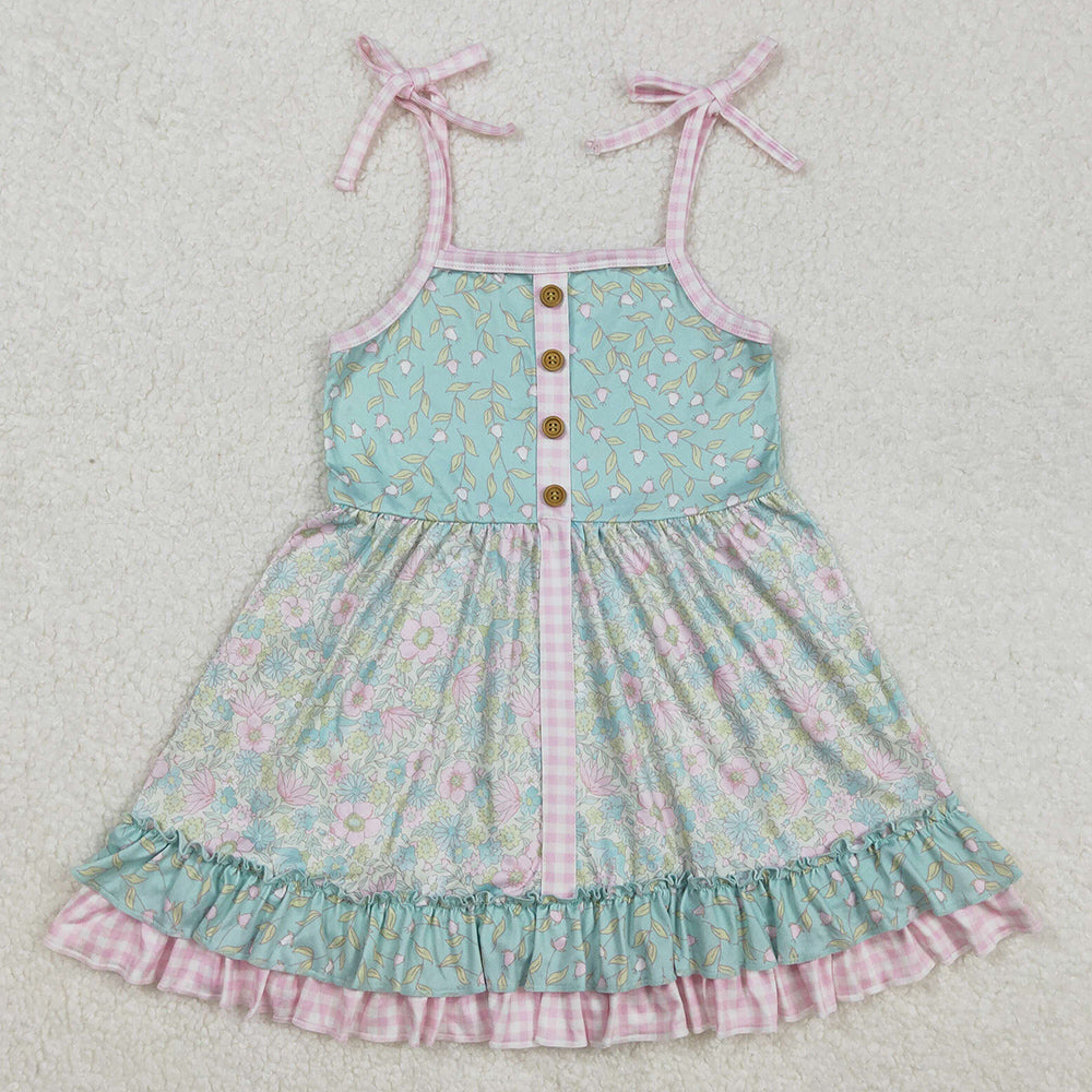 Baby Girls Dress Green Flowers Straps Ruffle Knee Length Dresses GSD1748