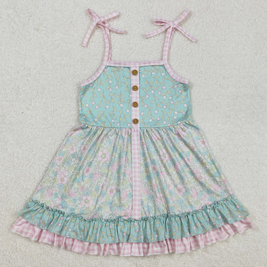 Baby Girls Dress Green Flowers Straps Ruffle Knee Length Dresses GSD1748