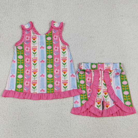 Baby Girls Clothes Sleeveless Colorful Flowers Stripe Tunic Ruffle Short Clothes Sets GSSO3676