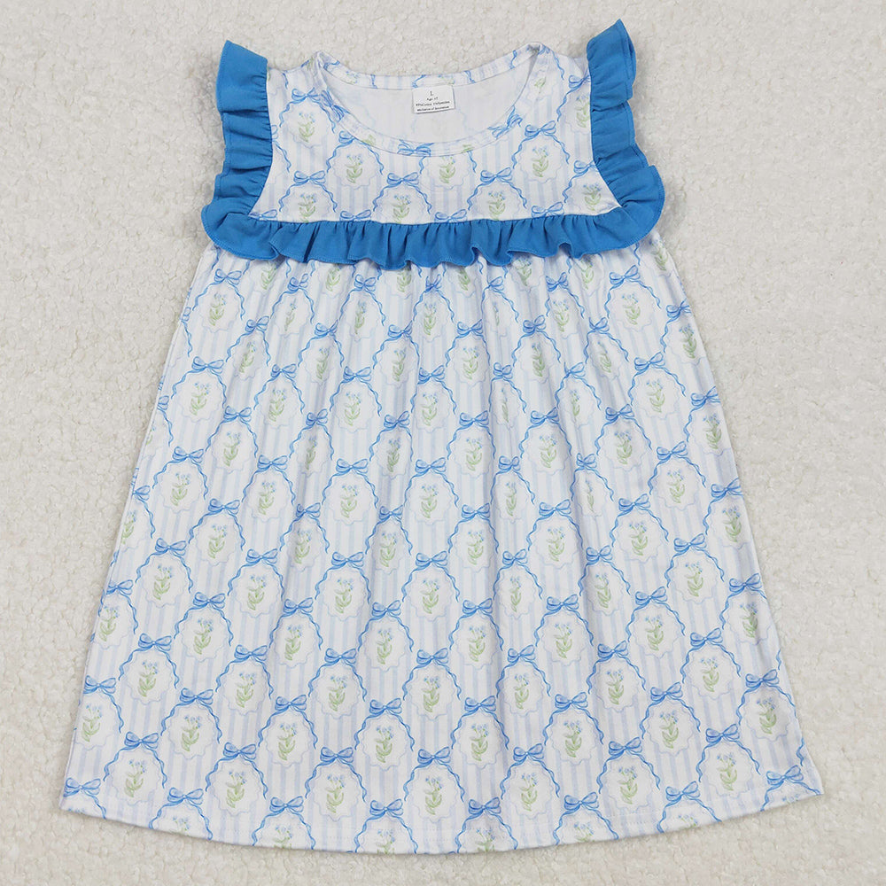 Baby Girls Dress Blue Bows Flowers Knee Length Dresses GSD1893
