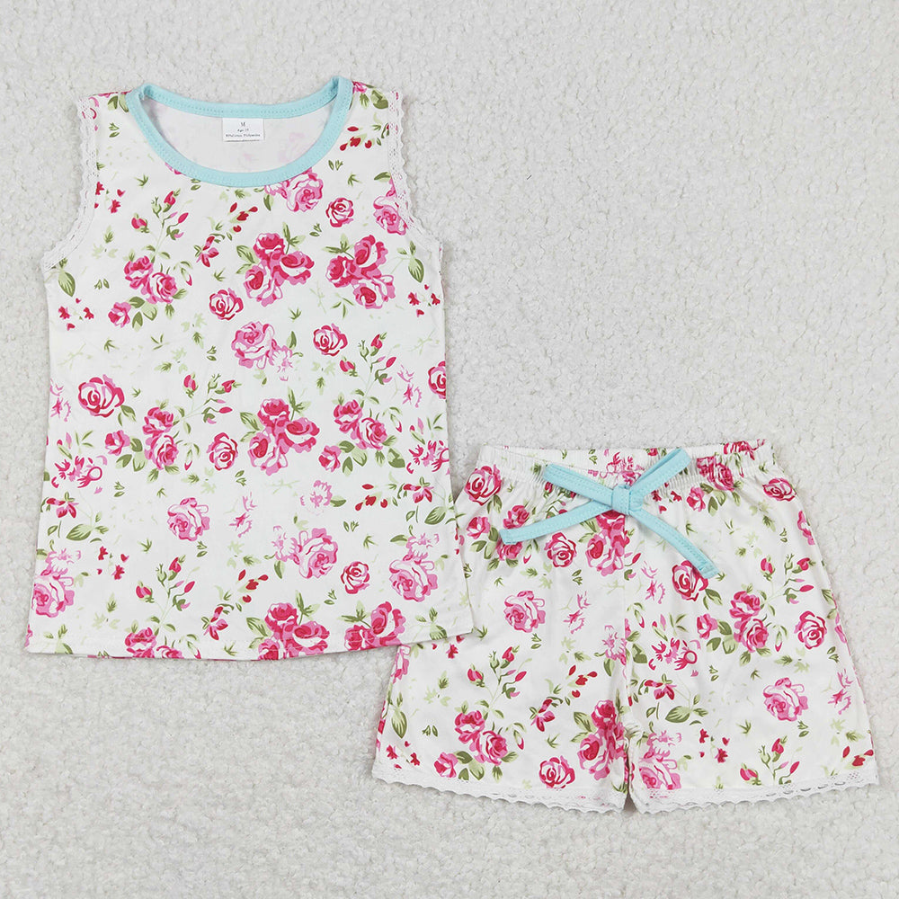 Baby Girls Clothes Sleeveless Flowers Tee Top Shorts Sets GSSO0674