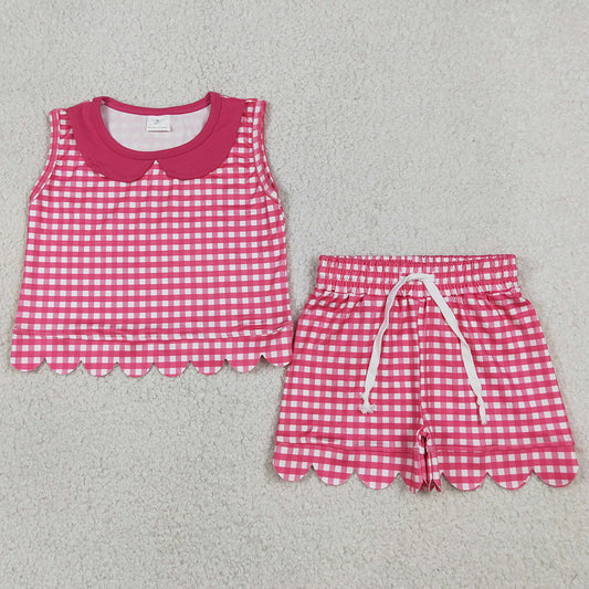 Baby Girls Clothes Sleeveless Hot Pink Checked Collar Top Shorts Scallop Clothes Set GSSO3395