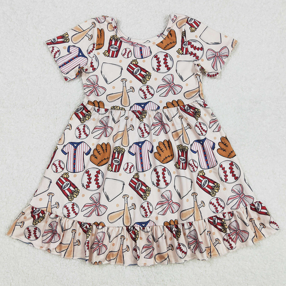 Baby Girls Dress Baseball Bows Short Sleeve Knee Length Dresses GSD1960 3.3