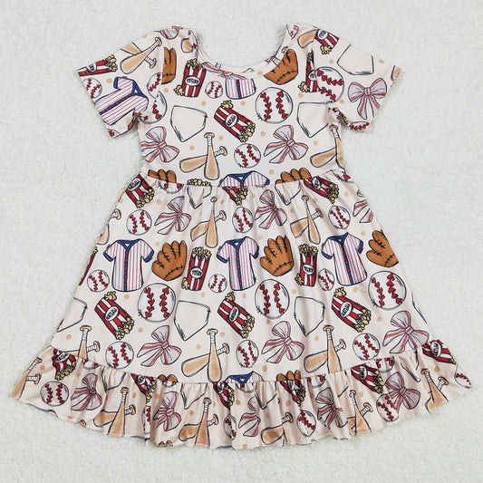 Baby Girls Dress Baseball Bows Short Sleeve Knee Length Dresses GSD1960 3.3