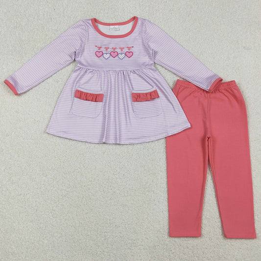 Baby Girls Clothes Embroidery Hearts Stripe Pockets Tunic Leggings Valentine Clothes Sets GLP2906 10.20