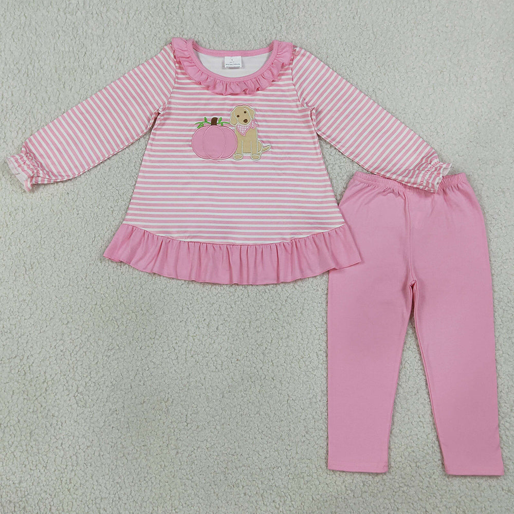 Baby Girls Clothes Embroidery Pumpkins Dogs Pink Stripe Tunic Leggings Fall Clothes Sets GLP3480
