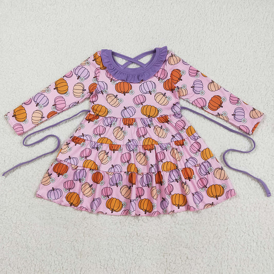 Halloween Baby Girls Dress Pink Flowers Pumpkins Fall Knee Length Dresses With Belt GLD1032 8.9