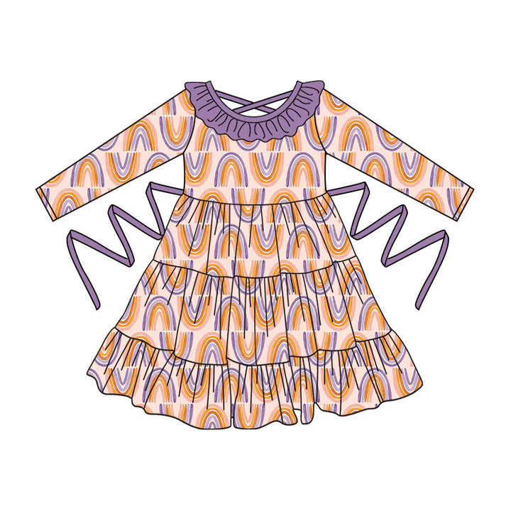 Preorder moq 5 Baby Girls Long Sleeves Colorful Rainbows With Belt Ruffle Knee 5.2