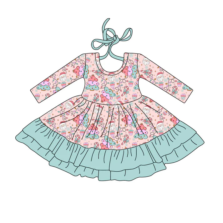 Preorder (moq 5)Baby Girls Long Sleeves Christmas Trees Santa Ruffle Knee Length Dresses 7.26