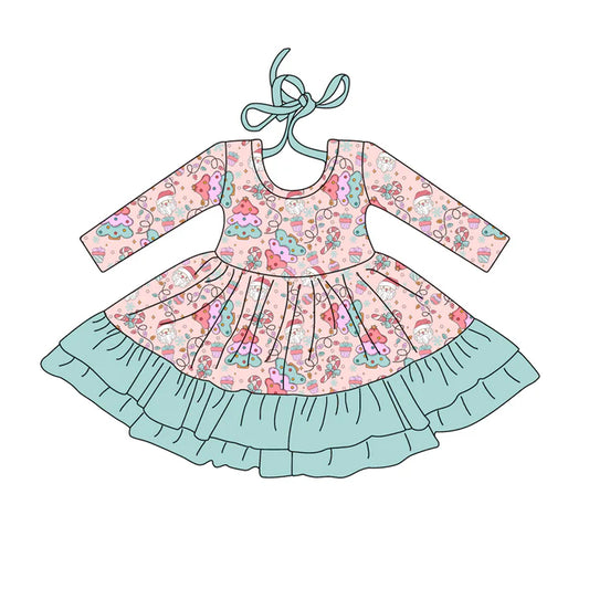 Preorder (moq 5)Baby Girls Long Sleeves Christmas Trees Santa Ruffle Knee Length Dresses 7.26