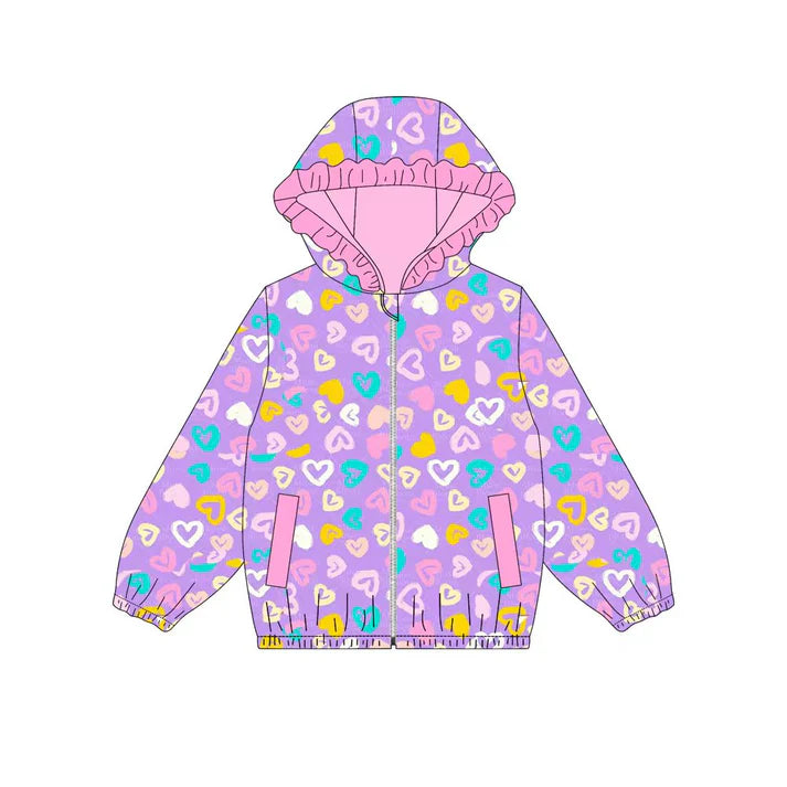 Preorder (moq 8)Baby Girls Colorful Hearts Leopard Pockets Zipper Ruffle Hoodies Jackets Top 9.8