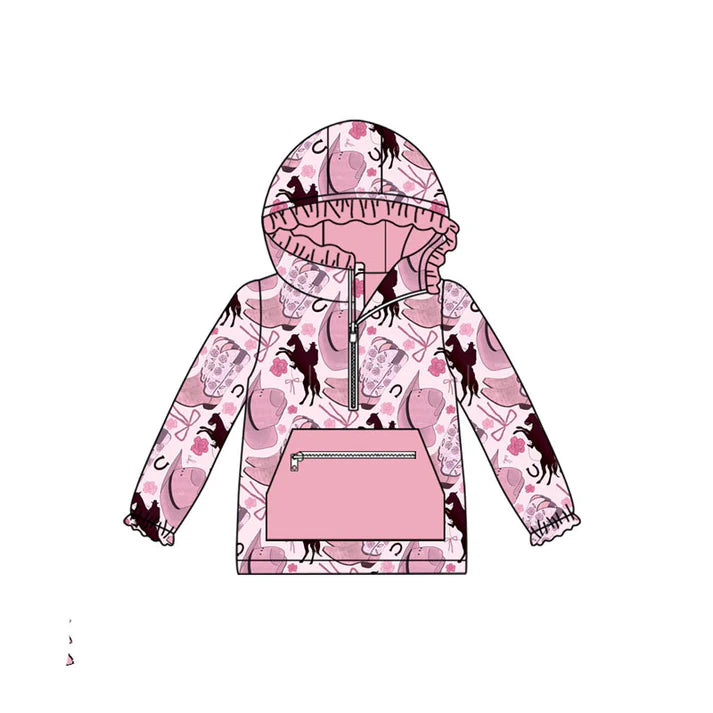 Preorder (moq 8)Baby Girls Hats Horse Rodeos Pocket Zipper Western Ruffle Hoodies Top 9.11