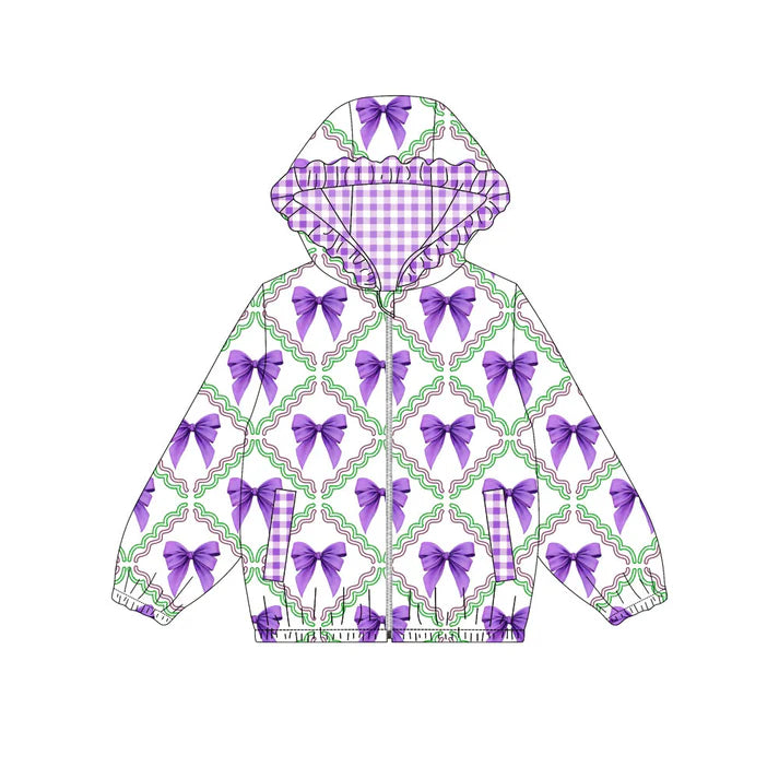 Preorder (moq 5)Baby Girls Mardi Gras Purple Bows Checked Pockets Zipper Ruffle Hoodies Top 9.3