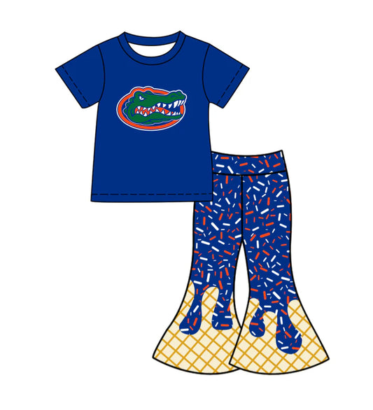 Preorder (moq 5)Baby Girls Blue Crocodiles Top Drip Sprinkles Bell Bottom Pants Team Clothes Sets 11.27