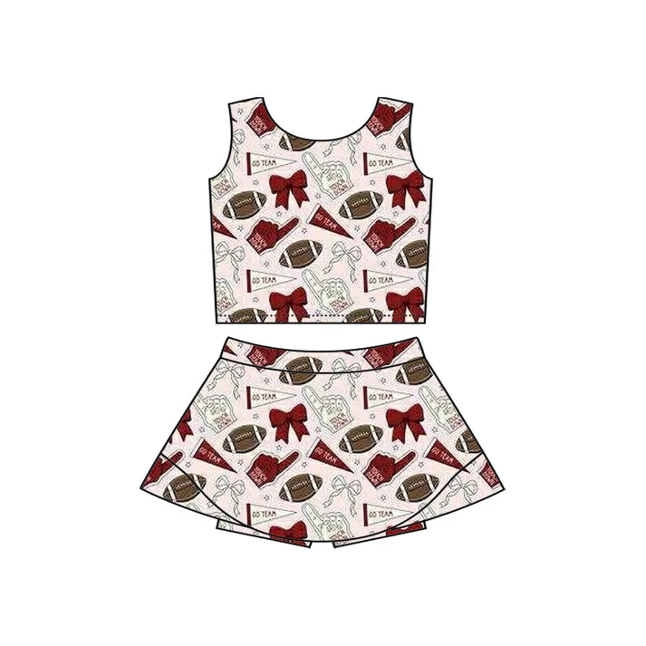 Preorder moq 5 Baby Girls Sleeveless Dark Red Football Cheer Vest Top Skorts Team Set 7.11