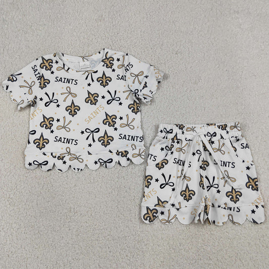 Baby Girls Clothes Star Bows Saints Tops Pockets Shorts Team Scallop Clothes Sets GSSO3561