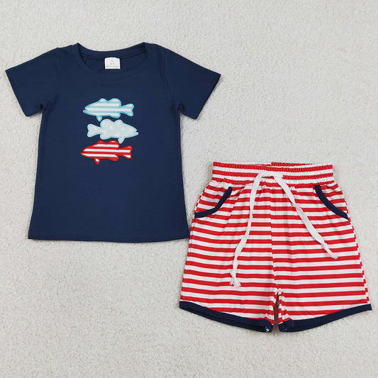 Baby Boys Clothes Embroidery Fishes Top Stripe Pockets Shorts 4th of July Clothes Sets BSSO1741