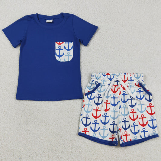 Baby Boys Clothes Hot Blue Shirt Top Boats Fishing Pocket Shorts Clothes Sets BSSO1874