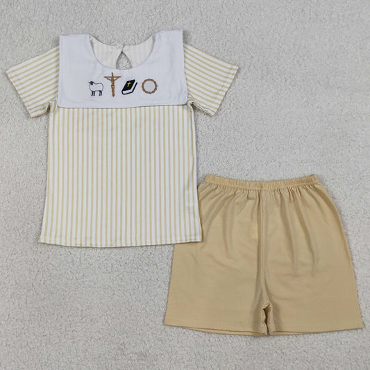 Baby Boys Clothes Embroidery Cross Sheep Stripe Top Shorts Clothes Sets BSSO1777 GSSO3019