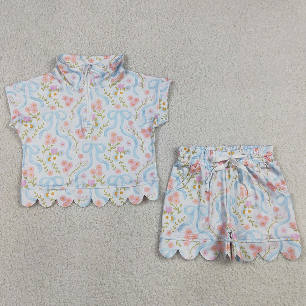 Baby Girls Clothes Bows Flowers Zip Pullovers Top Pockets Short Scallop Clothes Sets GSSO3575