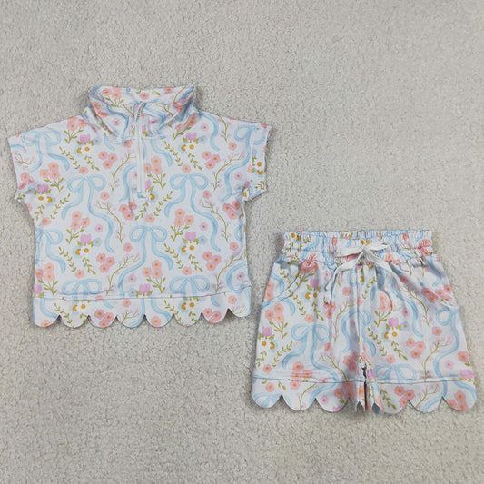 Baby Girls Clothes Bows Flowers Zip Pullovers Top Pockets Short Scallop Clothes Sets GSSO3575