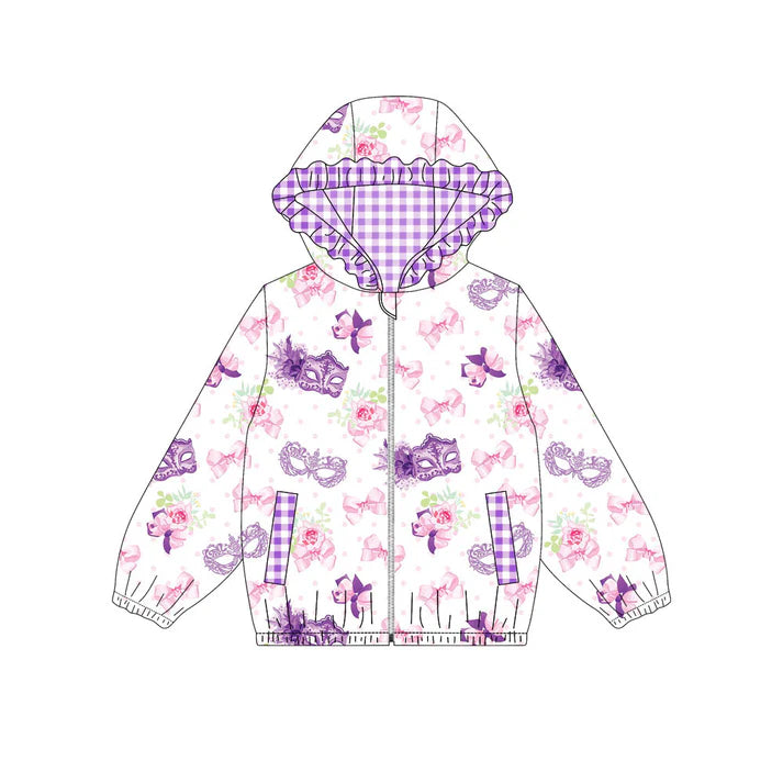 Preorder (moq 5)Baby Girls Mardi Gras Masks Bows Flowers Pockets Zipper Ruffle Hoodies Top 9.3