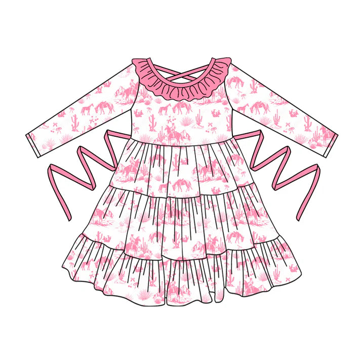 Preorder moq 5 Baby Girls Long Sleeves Pink Horse Rodeos With Belt Ruffle Knee Length Dresses 5.2