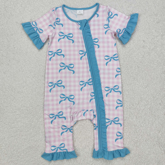 Baby Infant Girls Rompers Pink Checkered Bows Ruffle Zip Rompers SR2026