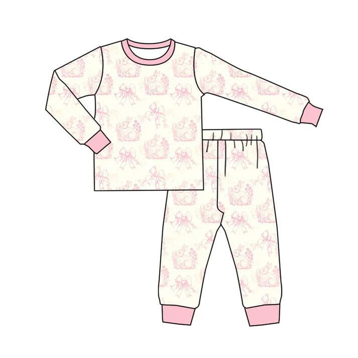 Preorder (moq 8)Baby Girls Pink Flowers Rabbits Top Pants Easter Pajamas Sets 9.19