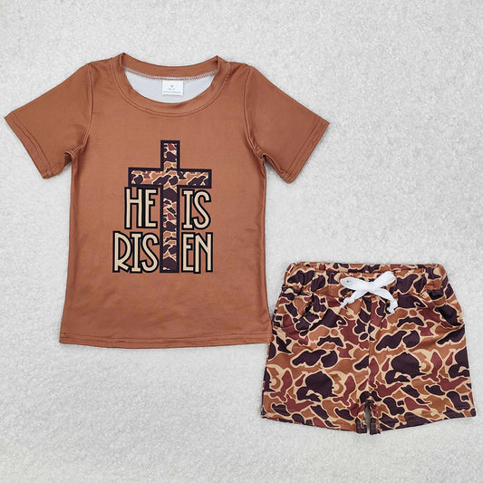 Baby Boys Clothes He Is Risen Cross Camo Shirt Shorts Clothes Sets BSSO1162