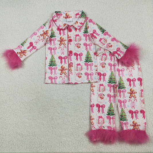 Baby Girls Pajamas Christmas With Fur Bows Gingerbread Trees Button Top Pants Pajamas Sets GLP2375 7.9