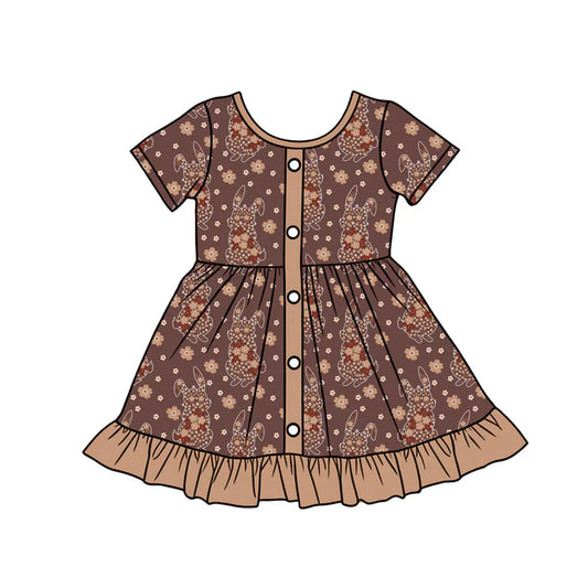 Preorder (moq 5)Baby Girls Brown Flowers Rabbits Button Easter Ruffle Knee Length Dress 12.16
