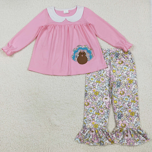 Embroidery Baby Girls Clothes Pink Thanksgiving Turkey Tunic Floral Ruffle Pants Sets GLP2409 BLP1079 7.10