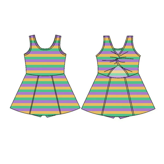 Preorder(moq 5) Baby Girls Sleeveless Mardigras Stripes Shorts Knee Length Dresses 10.28