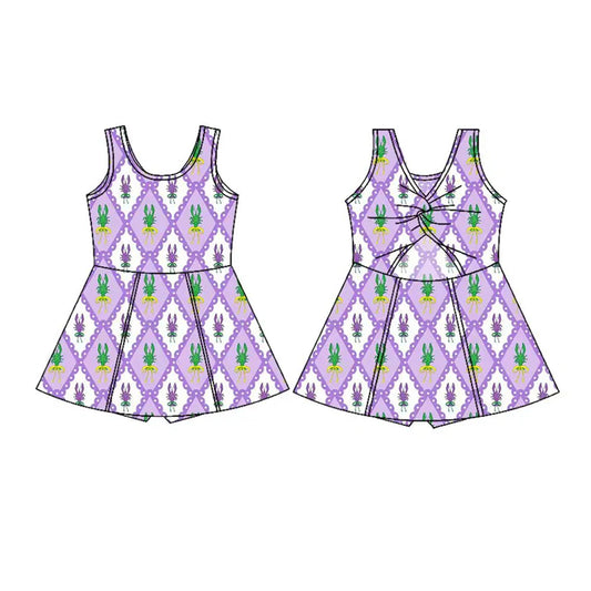 Preorder(moq 5) Baby Girls Sleeveless Mardigras Crayfishes Checked Shorts Knee Length Dresses 10.28