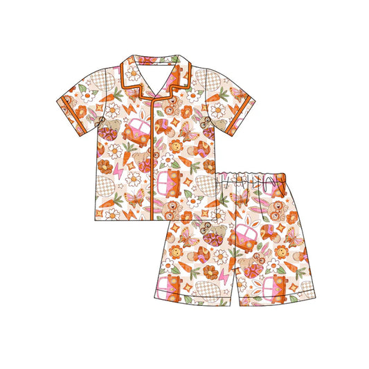 Preorder (moq 5)Baby Girls Rabbits Bus Flowers Button Top Shorts Easter Pajamas Sets 12.13