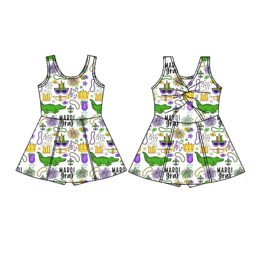 Preorder(moq 5) Baby Girls Sleeveless Mardigras Crocodiles Masks Shorts Knee Length Dresses 10.28