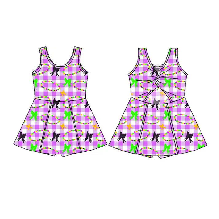 Preorder(moq 5) Baby Girls Sleeveless Mardigras Bows Necklaces Checked Shorts Knee Length Dresses 10.27