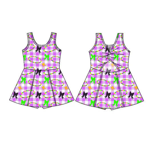 Preorder(moq 5) Baby Girls Sleeveless Mardigras Bows Necklaces Checked Shorts Knee Length Dresses 10.27