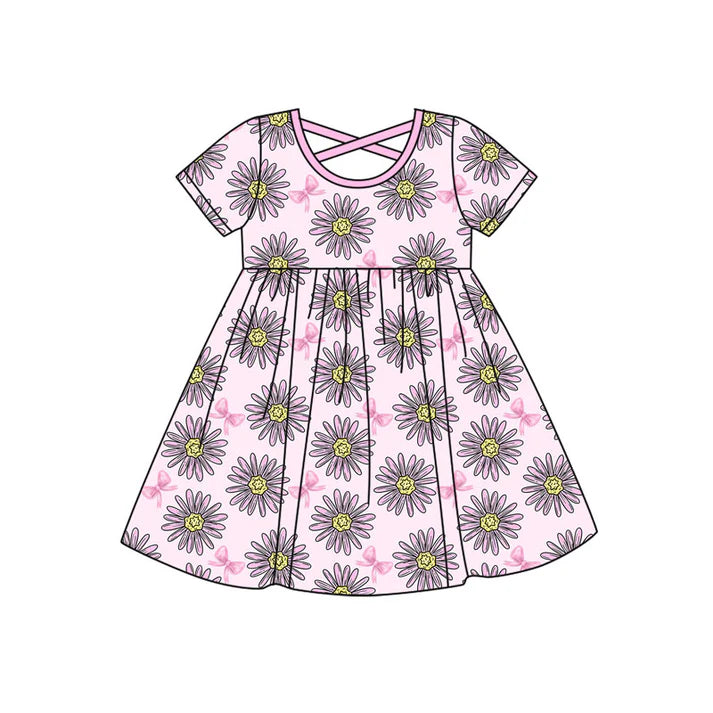Preorder (moq 8)Baby Girls Pink Sunflowers Bows Knee Length Dresses 9.16