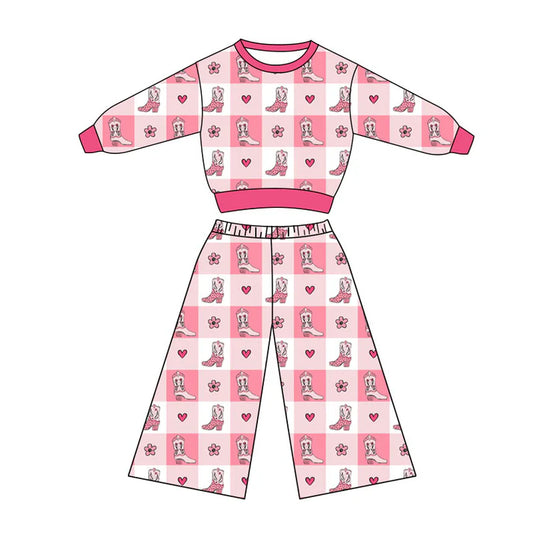 Preorder(moq 5) Baby Girls Howdy Boots Hearts Checked Top Flare Pants Western Clothes Sets 10.27