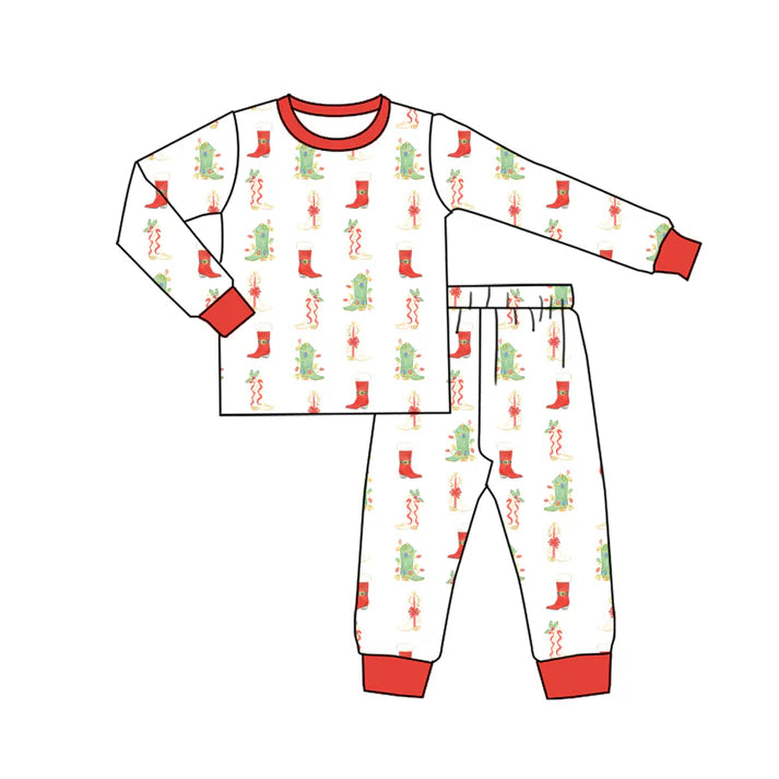 Preorder (moq 5)Baby Boys Long Sleeves Boots Holly Plaid Top Pants Pajamas Sets 6.21