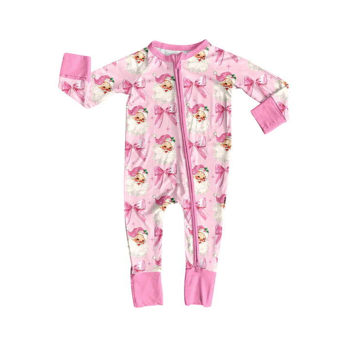 Preorder (moq 5)Baby Girls Pink Long Sleeves Bows Santa Plaid Zipper Rompers 6.5