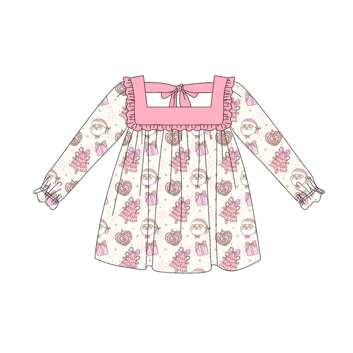 Preorder (moq 5)Baby Girls Long Ruffle Sleeves Santa Trees Knee Length Dresses 6.12
